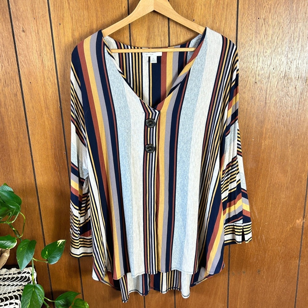 XL Striped‎ V-Neck Tunic Top Multi-Color High-Low 3/4 Sleeve